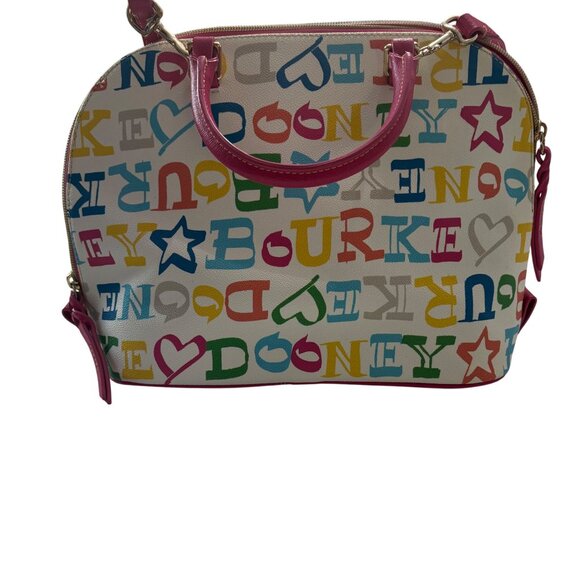 Dooney & Bourke Multicolor Logo Canvas Satchel With Pink Leather Trim & Dust Bag - Picture 4 of 16
